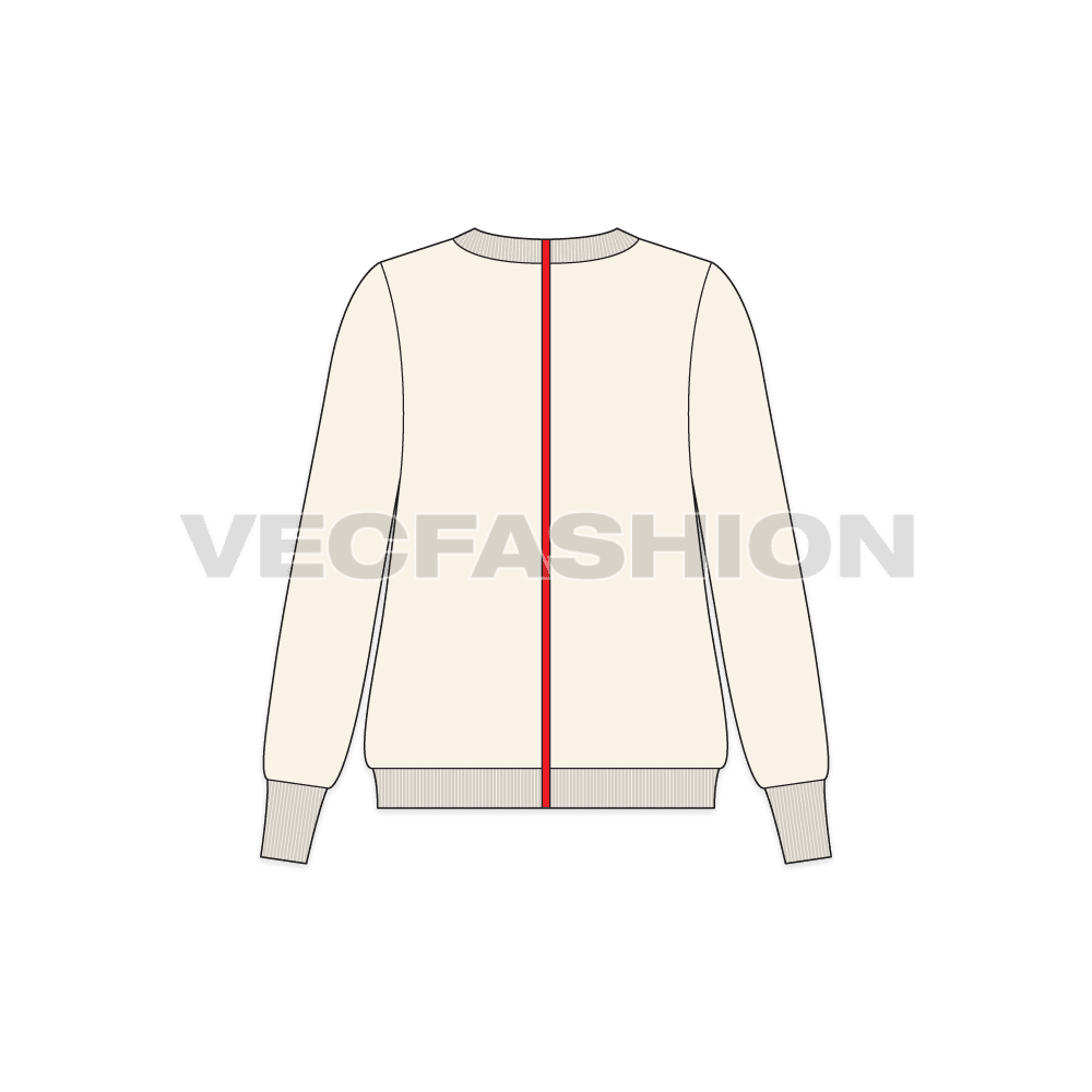 A new template for Women's Streetwear Sweater, it has a sporty red intersecting line on center front. This is a boat neck sweater in lose fit with tighter and soft rib on cuffs and bottom.
