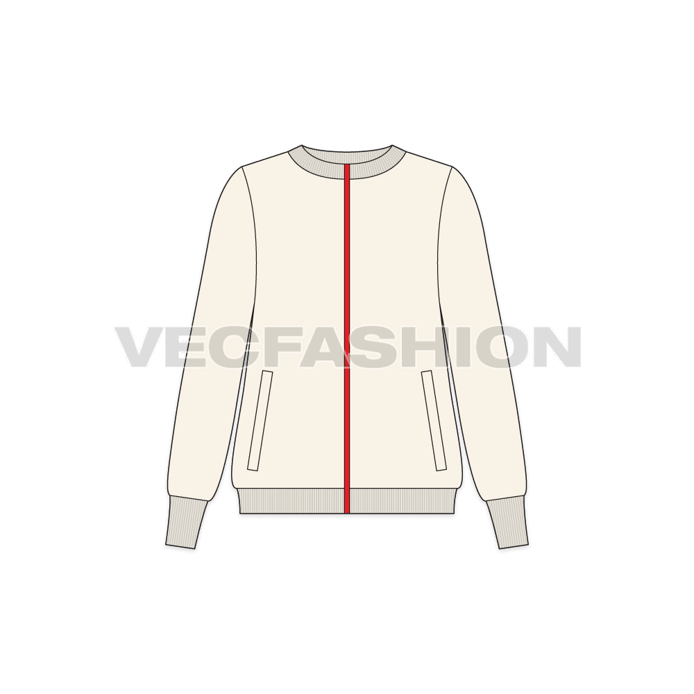 A new template for Women's Streetwear Sweater, it has a sporty red intersecting line on center front. This is a boat neck sweater in lose fit with tighter and soft rib on cuffs and bottom.