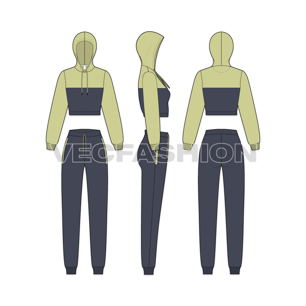 An editable vector template for Womens Streetwear Sweatsuit. It is a very stylish design with colored panel on bodice. It is a slim fit sweatsuit with Cropped Hoodie and Joggers.  