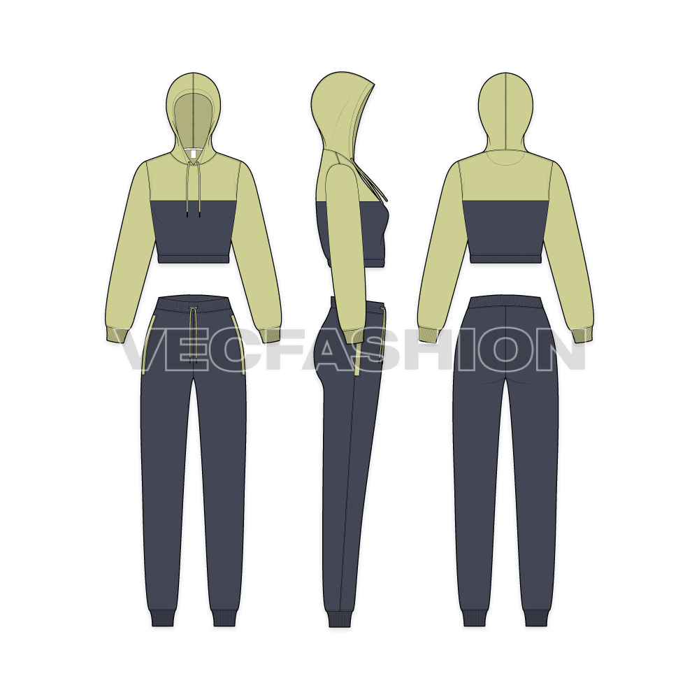An editable vector template for Womens Streetwear Sweatsuit. It is a very stylish design with colored panel on bodice. It is a slim fit sweatsuit with Cropped Hoodie and Joggers.