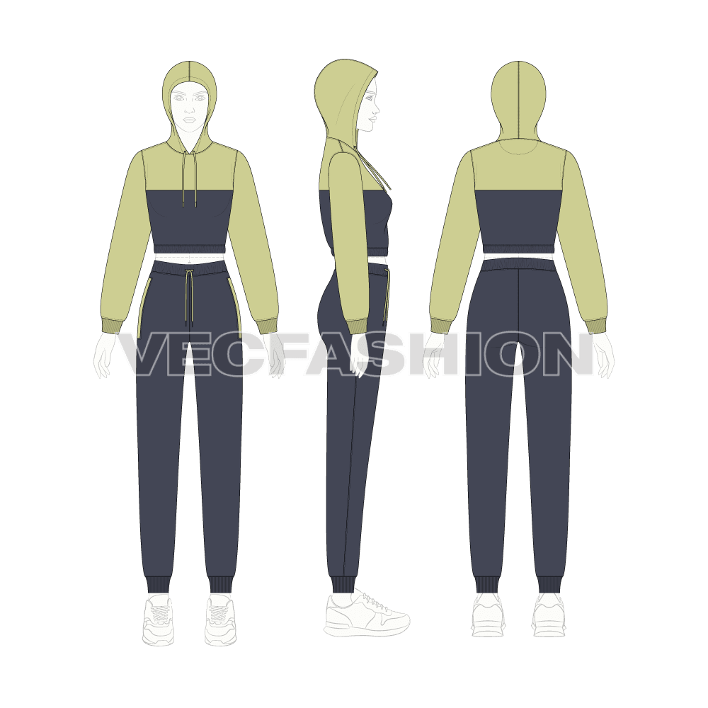 An editable vector template for Womens Streetwear Sweatsuit. It is a very stylish design with colored panel on bodice. It is a slim fit sweatsuit with Cropped Hoodie and Joggers.
