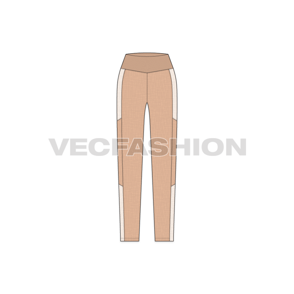 A new template for Women's Stretch Yoga Pants. It has a wider ribbed elastic waistband with a v shape on the bottom edge on front and panels on sides.