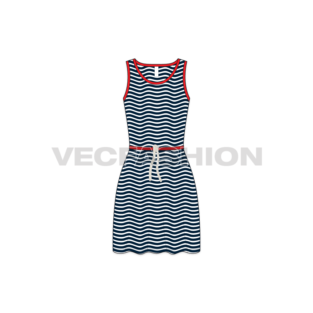 A simple and casual day Women's Frock Dress with nautical stripes and with Rope Draw String at waist. The rope is a vector brush and is free with this template graphic.