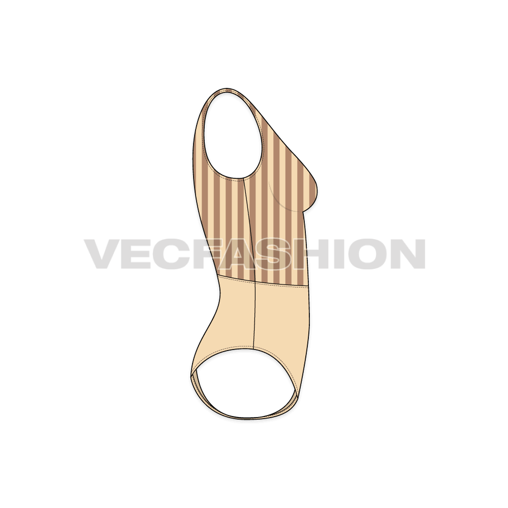 A vector template for Women's Striped Swimsuit, it has a cutline on waist and a very low neckline on front and back. The upper part is in stripes and lower part is in solid color.