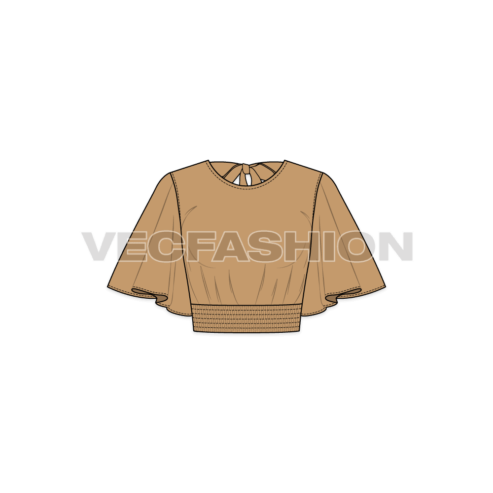 A vector template of Women's Stylish Top with Flared Sleeve. It has multiple gathered stitching at the waistband creating an interesting detail.