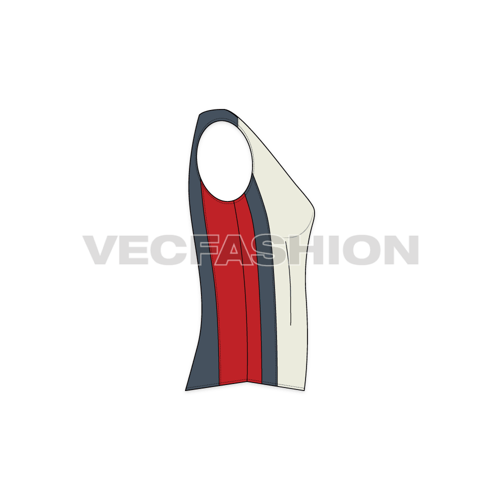 A newly illustrated vector template for Women's Stylish Waistcoat. It has cut n sew panels in contrast colors and wooden buttons for front enclosure.