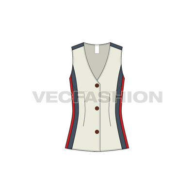 A newly illustrated vector template for Women's Stylish Waistcoat. It has cut n sew panels in contrast colors and wooden buttons for front enclosure.
