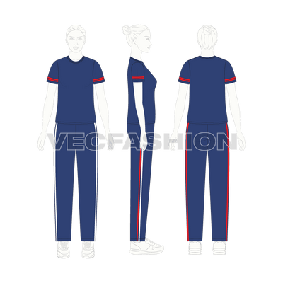 An editable vector template for Women's Summer Sweatsuit. It has a round neck t-shirt with stripes on sleeves. The jogger pants is a straight cut with colored stripes on the sides.