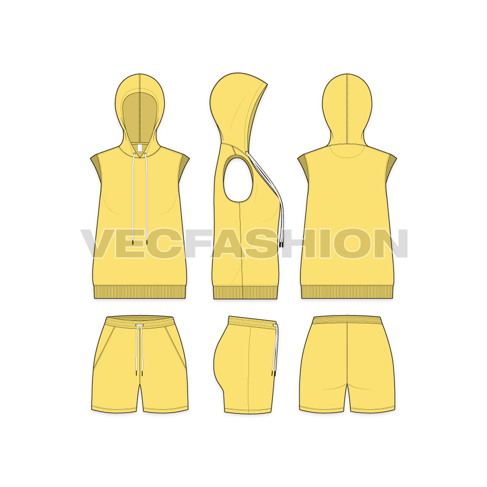 A fully editable vector sketch template of Women's Summer Sweatsuit. It has a stylish hoodie vest with long drawstrings. The armhole and bottom hem have 2x2 rib on it. 