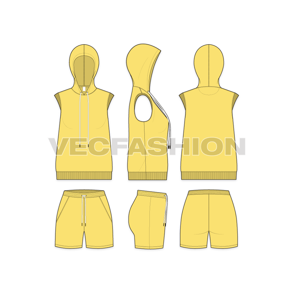 A fully editable vector sketch template of Women's Summer Sweatsuit. It has a stylish hoodie vest with long drawstrings. The armhole and bottom hem have 2x2 rib on it.