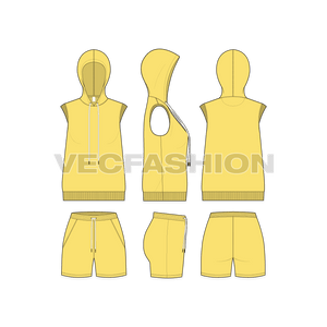 A fully editable vector sketch template of Women's Summer Sweatsuit. It has a stylish hoodie vest with long drawstrings. The armhole and bottom hem have 2x2 rib on it. 