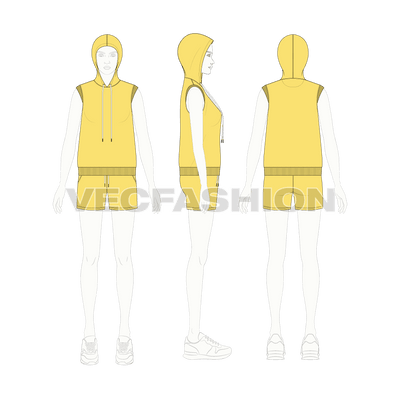 A fully editable vector sketch template of Women's Summer Sweatsuit. It has a stylish hoodie vest with long drawstrings. The armhole and bottom hem have 2x2 rib on it.