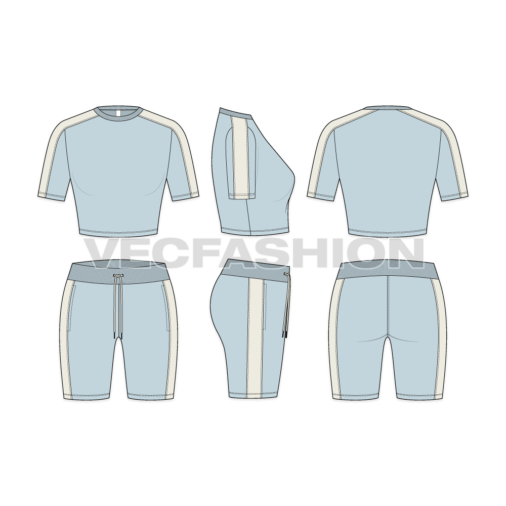 A vector template for Women's Summer Tracksuit in powder blue color. It is consist of a fitted round neck crop t-shirt and shorts.