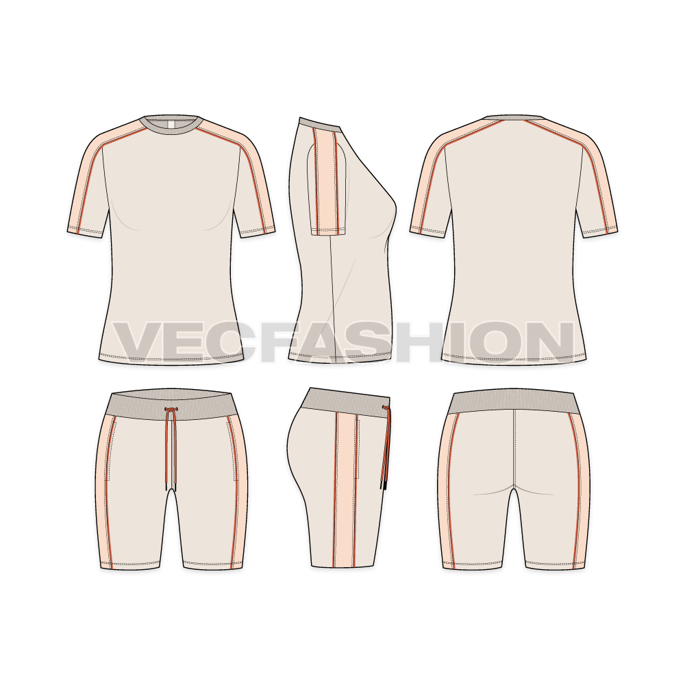 A vector template for Women's Summer Tracksuit in pastel colors. It is consist of a fitted round neck t-shirt and shorts. 