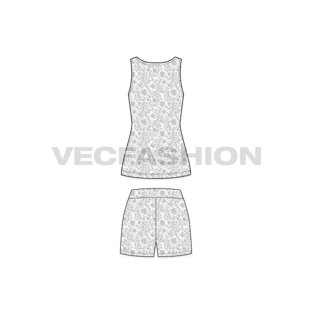 A vector fashion template sketch for Women's Summers Night Suit. It has a sleeveless tank in lose fit with shorts. The fabric has a seamless floral print on it. The neckline of tank top has a lace in white color around the neck.