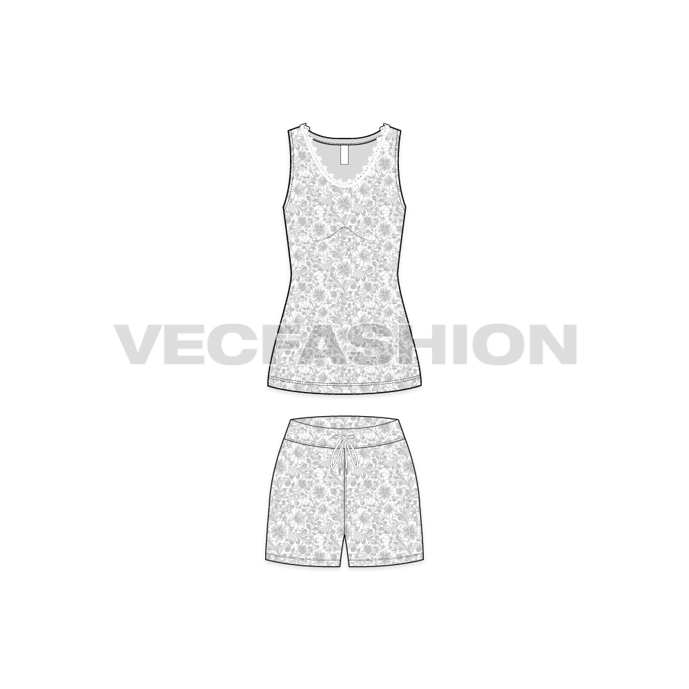 A vector fashion template sketch for Women's Summers Night Suit. It has a sleeveless tank in lose fit with shorts. The fabric has a seamless floral print on it. The neckline of tank top has a lace in white color around the neck.