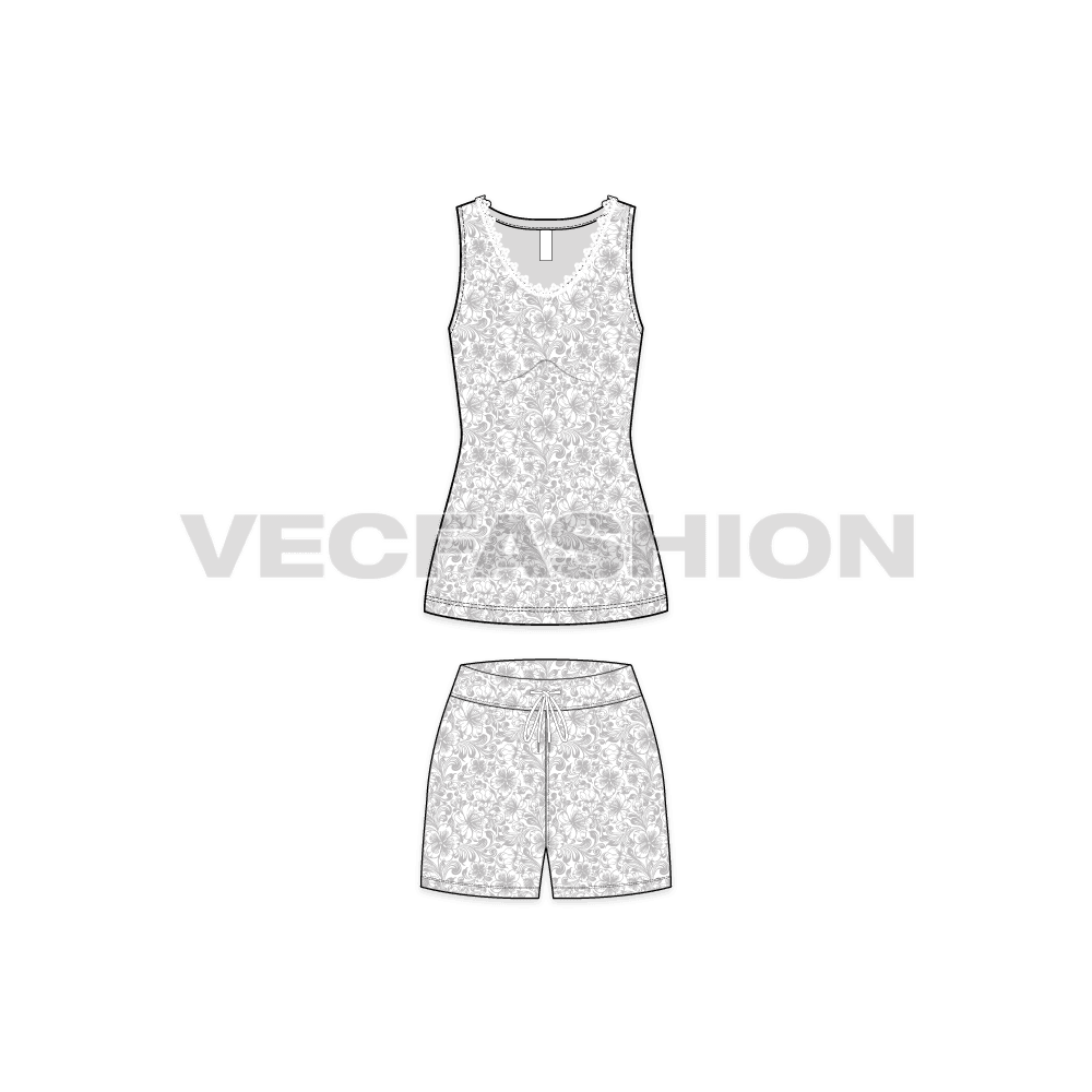 A vector fashion template sketch for Women's Summers Night Suit. It has a sleeveless tank in lose fit with shorts. The fabric has a seamless floral print on it. The neckline of tank top has a lace in white color around the neck. 