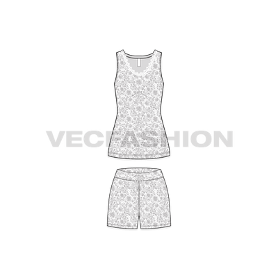 A vector fashion template sketch for Women's Summers Night Suit. It has a sleeveless tank in lose fit with shorts. The fabric has a seamless floral print on it. The neckline of tank top has a lace in white color around the neck.