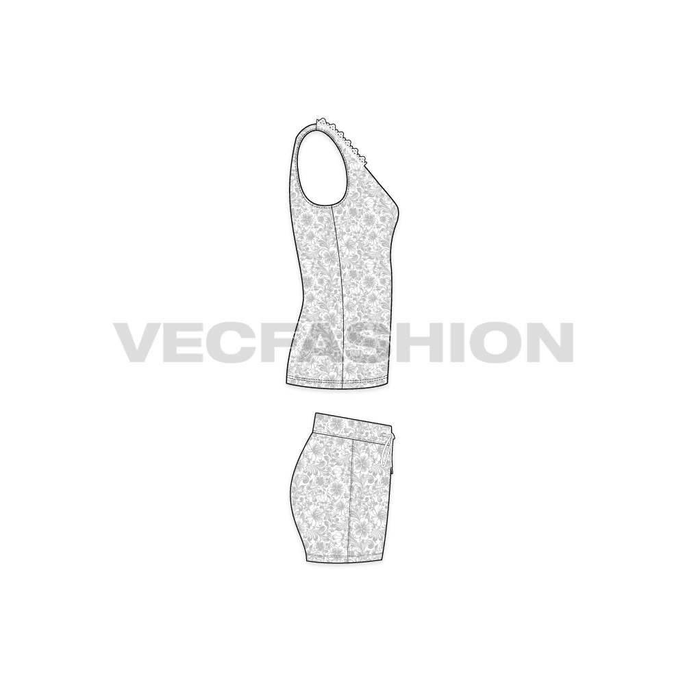 A vector fashion template sketch for Women's Summers Night Suit. It has a sleeveless tank in lose fit with shorts. The fabric has a seamless floral print on it. The neckline of tank top has a lace in white color around the neck.