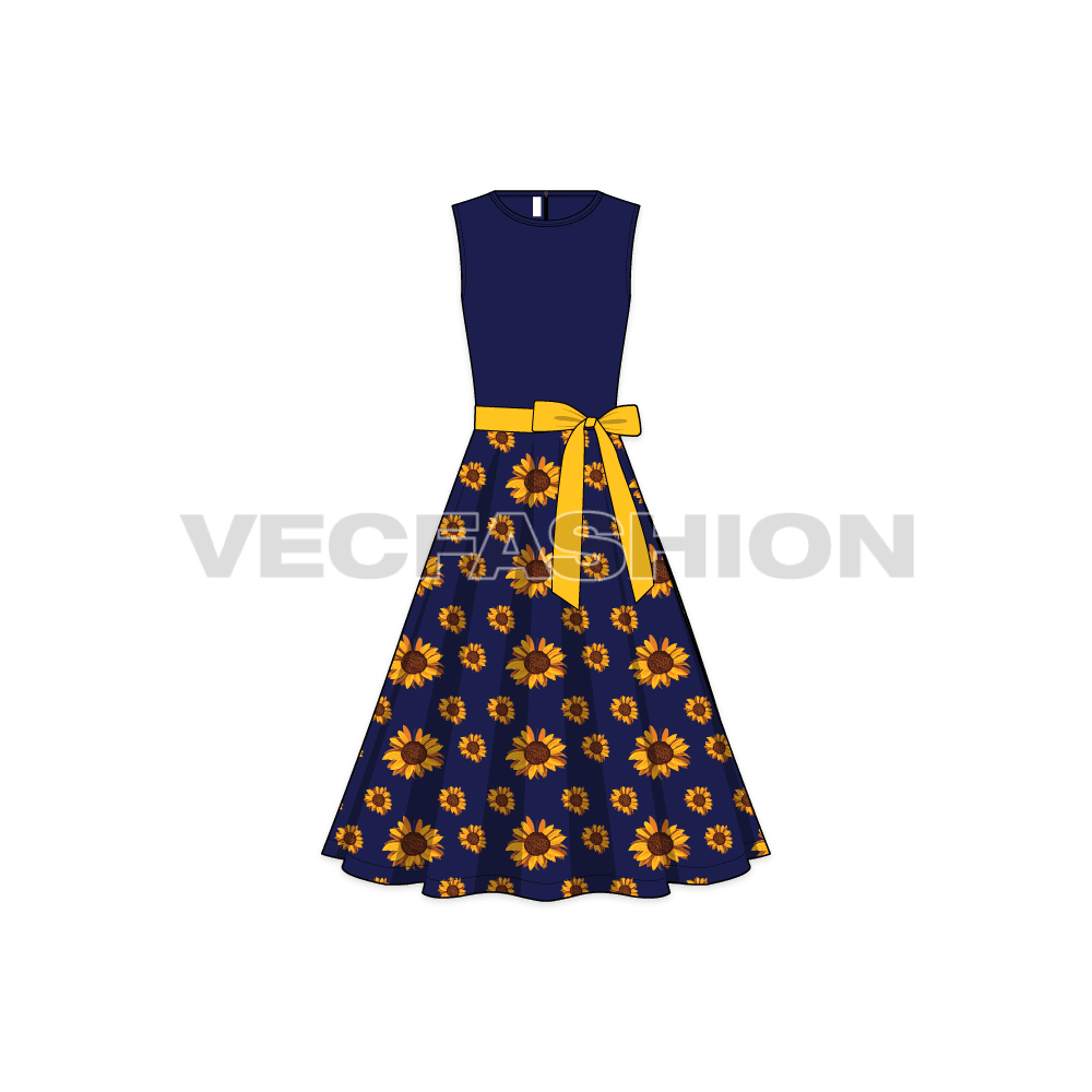 A vector template for Women's Sunflower Dress. It is a very elegant style dress with bodice being navy blue solid colored with full all over printed skirt.