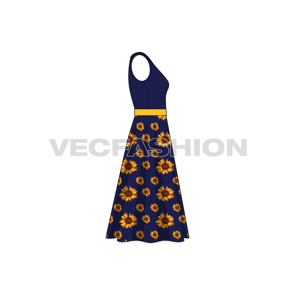 A vector template for Women's Sunflower Dress. It is a very elegant style dress with bodice being navy blue solid colored with full all over printed skirt.