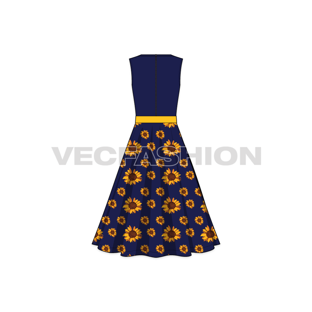 A vector template for Women's Sunflower Dress. It is a very elegant style dress with bodice being navy blue solid colored with full all over printed skirt.