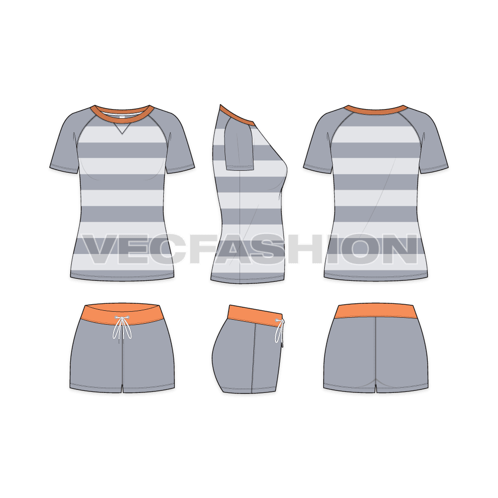 A Women's Sweat Lounge Fashion Flats having two pieces for Top and Bottom. This set is designed for Casual use for Loungewear, inspired by Women Sportswear.  These Fashion Flats have a Wide Round Neck Tee and Contrast Color Trims such as, Neck Rib and Waistband for Sweat Shorts.