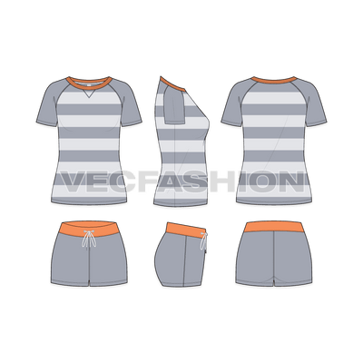 A Women's Sweat Lounge Fashion Flats having two pieces for Top and Bottom. This set is designed for Casual use for Loungewear, inspired by Women Sportswear.  These Fashion Flats have a Wide Round Neck Tee and Contrast Color Trims such as, Neck Rib and Waistband for Sweat Shorts.