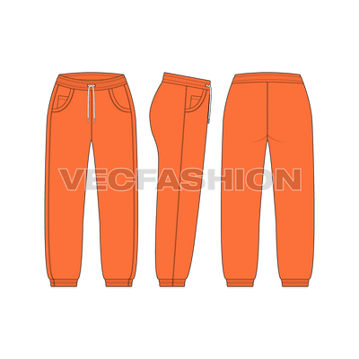 A vector fashion sketch for Women's Sweat Pants. It has elasticated waistband with stylized pockets on sides. There are pin tuck stitching detailing on sides and drawstrings are in white color. The length is Capri and hugs around the calf.