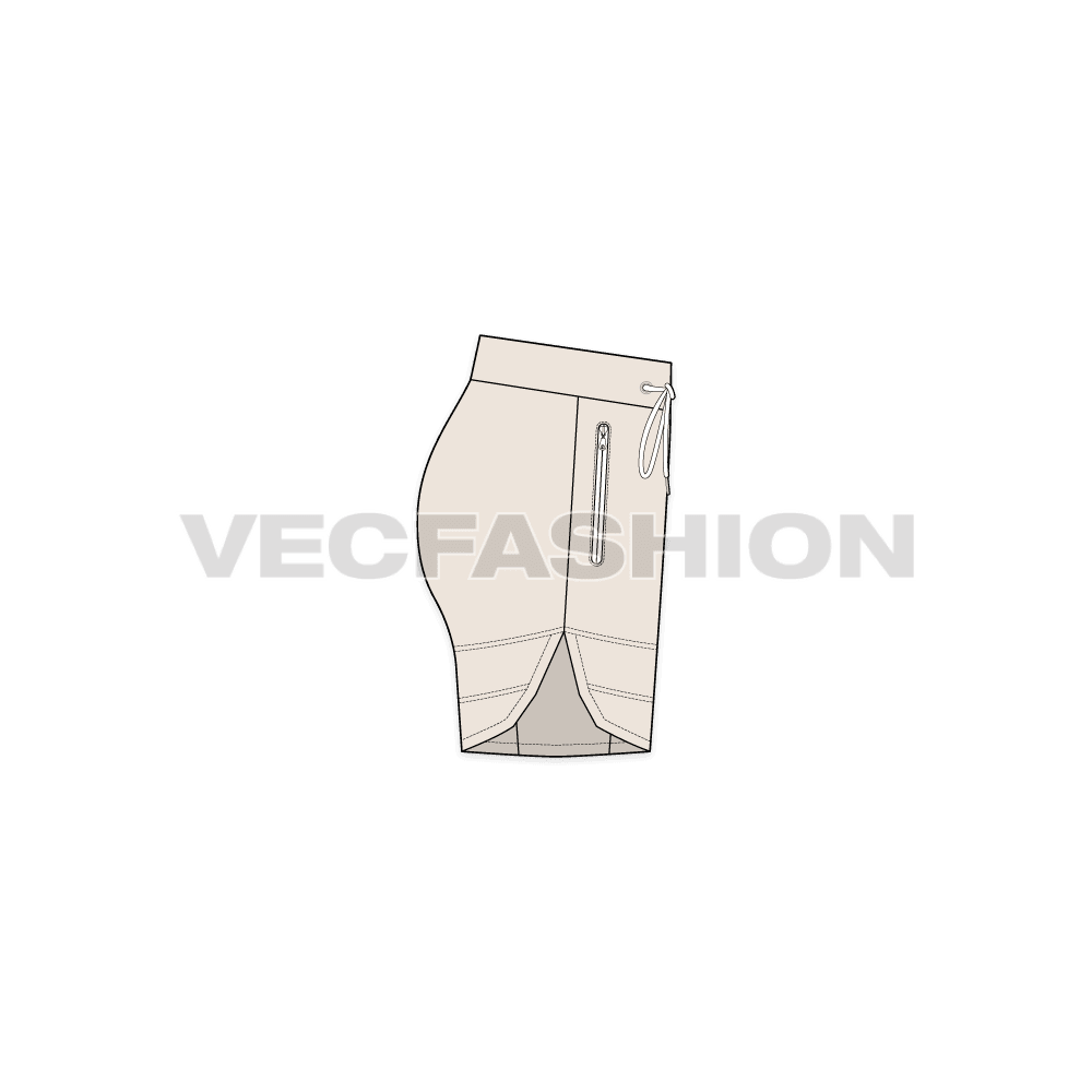 A vector fashion sketch for Women's Sweat Shorts. It is a very active style for women's multi purpose made out of fleece or terry fabric. It has contrast colored trims and there is water proof zipper on it.