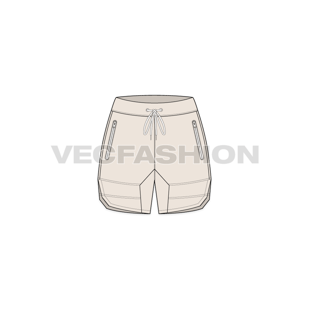 A vector fashion sketch for Women's Sweat Shorts. It is a very active style for women's multi purpose made out of fleece or terry fabric. It has contrast colored trims and there is water proof zipper on it.