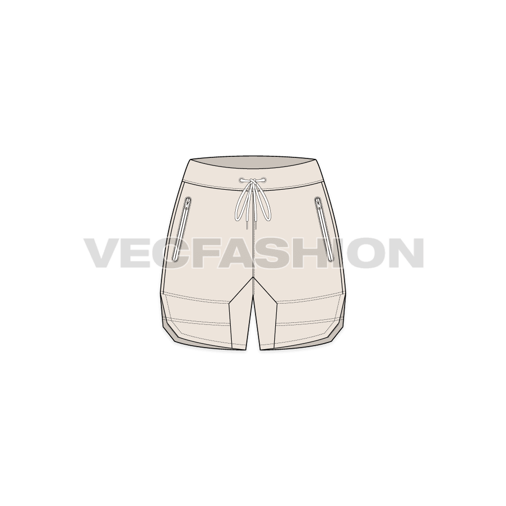 A vector fashion sketch for Women's Sweat Shorts. It is a very active style for women's multi purpose made out of fleece or terry fabric. It has contrast colored trims and there is water proof zipper on it. 