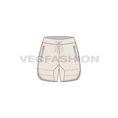 A vector fashion sketch for Women's Sweat Shorts. It is a very active style for women's multi purpose made out of fleece or terry fabric. It has contrast colored trims and there is water proof zipper on it.