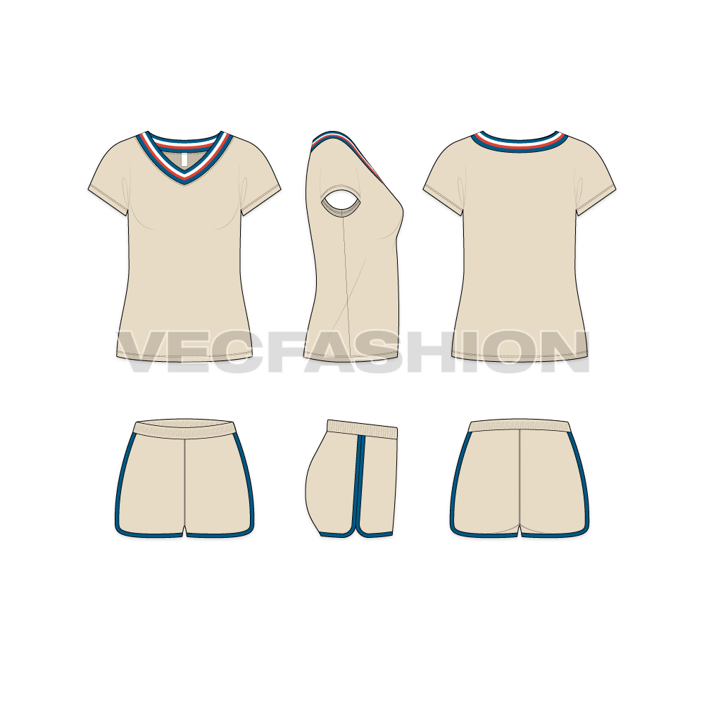 An editable vector flat sketch for Women's T shirt and Shorts Set. It has a wide v-neck t shirt with contrast tipping collar and mid-thigh length shorts.