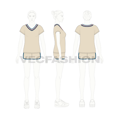 An editable vector flat sketch for Women's T shirt and Shorts Set. It has a wide v-neck t shirt with contrast tipping collar and mid-thigh length shorts.