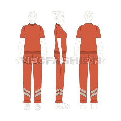 An editable vector template for Women's T-shirt Tracksuit. It has a Burnt Orange colored short sleeved t-shirt with straight fit pants with contrast stripes applique.