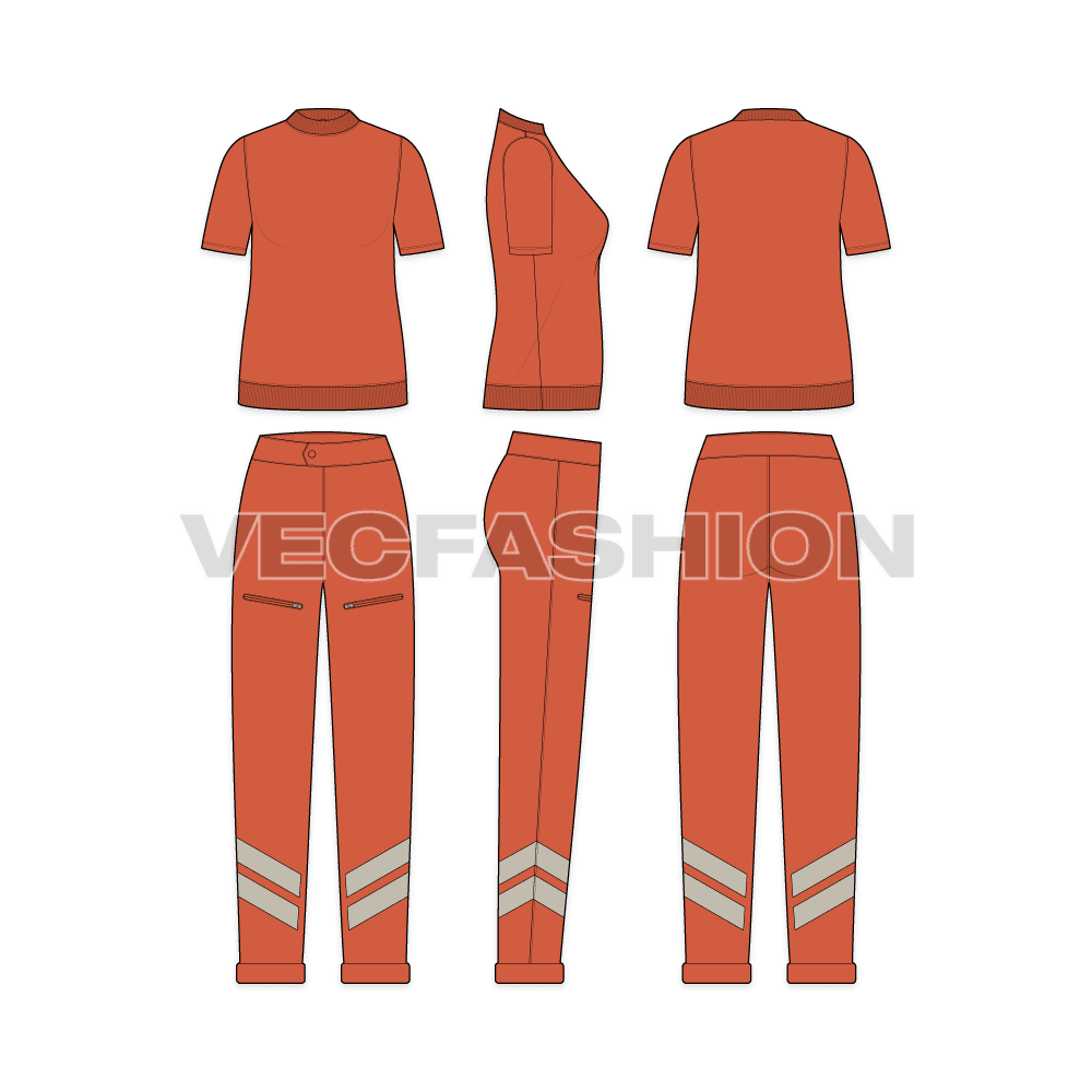 An editable vector template for Women's T-shirt Tracksuit. It has a Burnt Orange colored short sleeved t-shirt with straight fit pants with contrast stripes applique.