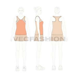 An editable vector flat sketch for Women's Tank top Skirt Set. It has a cross panel tank with racerback straps and mini skirt.
