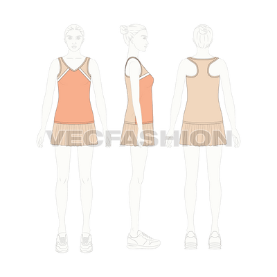 An editable vector flat sketch for Women's Tank top Skirt Set. It has a cross panel tank with racerback straps and mini skirt.