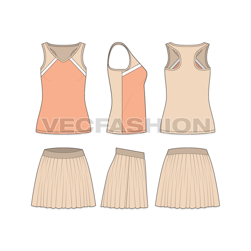 An editable vector flat sketch for Women's Tank top Skirt Set. It has a cross panel tank with racerback straps and mini skirt. 