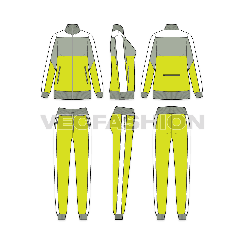 A vector template for Women's Tracksuit in 3 sporty colors white, Fern and Lime green. It has a thick 2x2 rib on neck, sleeve and hem.