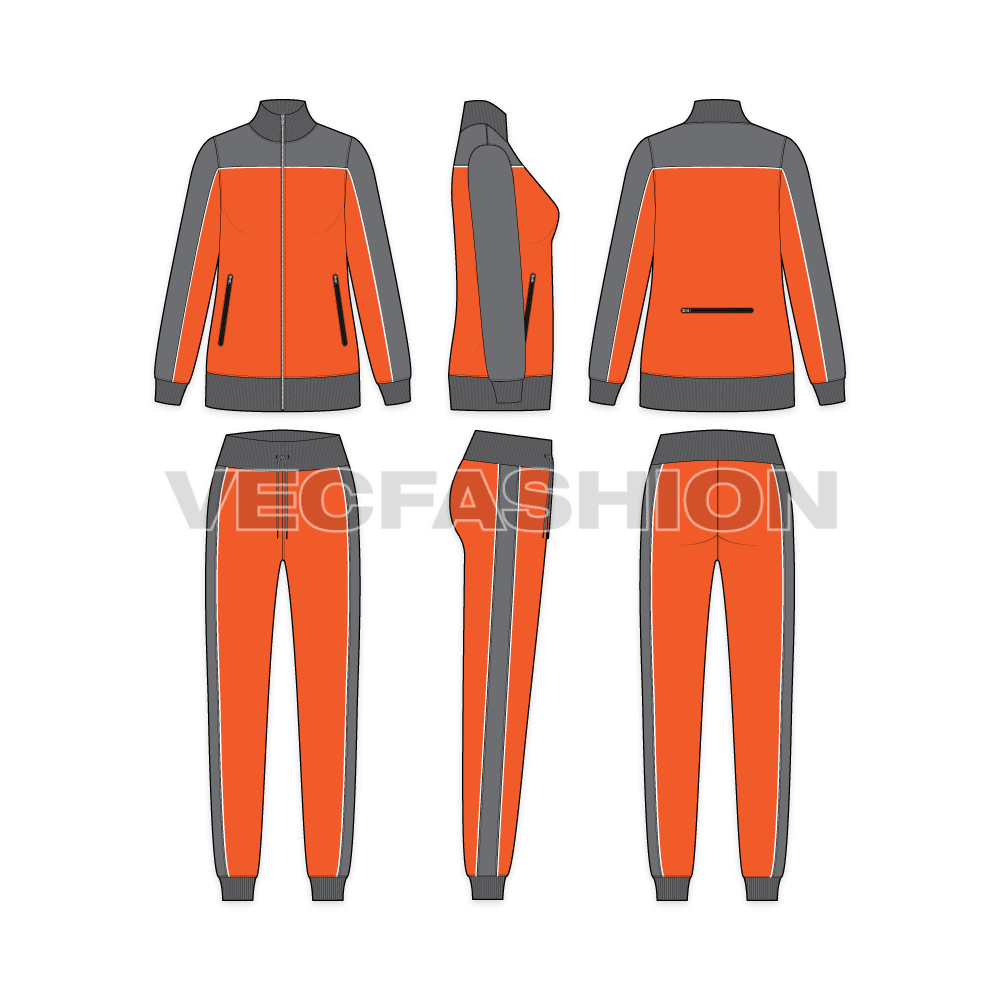A vector template for Women's Training Tracksuit in two colors for color-blocking with a contrast colored piping in white on sleeves and chest. There are waterproof zips on jacket and pants.