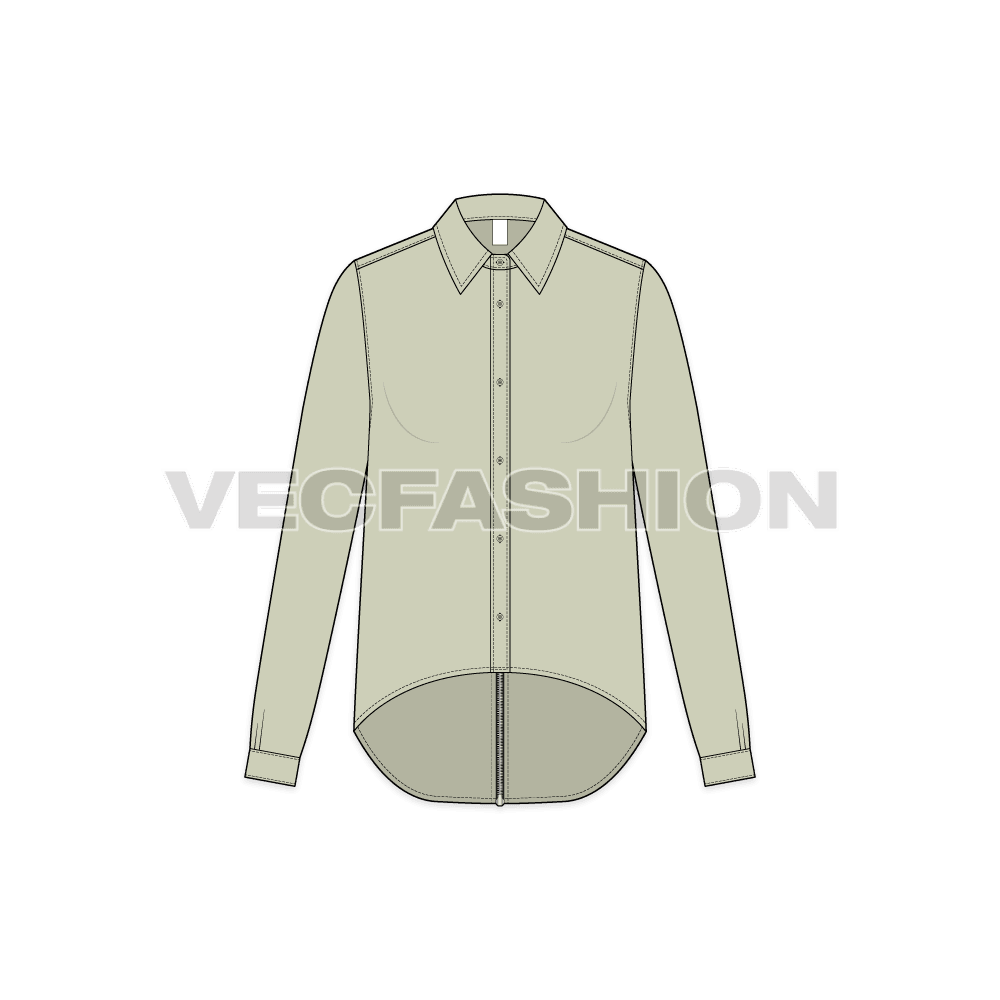 A vector illustrator template for Women's Trendy Shirt. It has a standard shirt collar with curved hem going downwards with button placket on front.