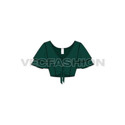 A vector template of Women's V-neck Flutter Sleeve Crop Blouse. It has layered sleeves with deep neckline with loop buttons and tiny bow tie on front near hem.