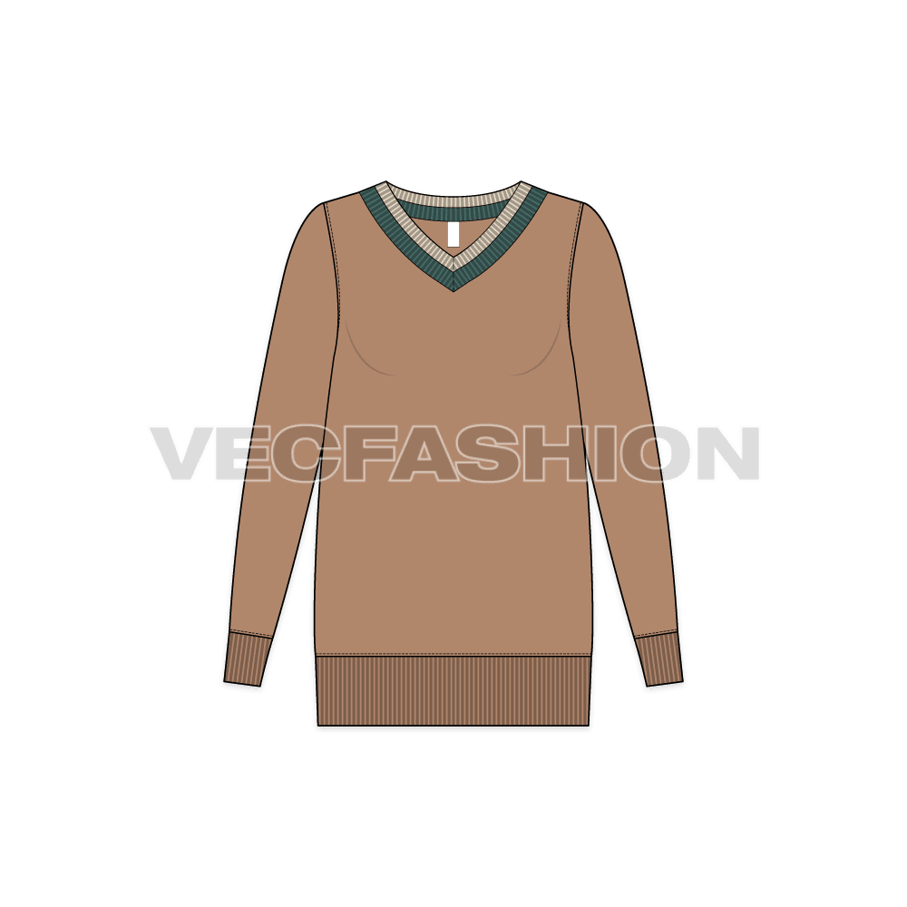 A vector template for Women's V-neck Long Sweater. It has a big V neck in khaki and green color rib with big rib at the bottom and sleeve cuffs.