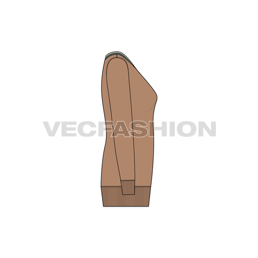 A vector template for Women's V-neck Long Sweater. It has a big V neck in khaki and green color rib with big rib at the bottom and sleeve cuffs.