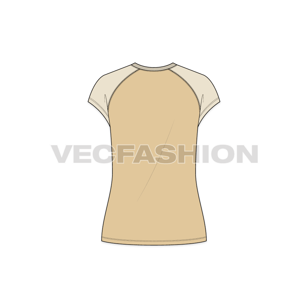 A vector template for Women's V-neck Raglan Tee. It has ribbed V-neck detailing. It is rendered in a very nice cream color with sleeves being a skin color.