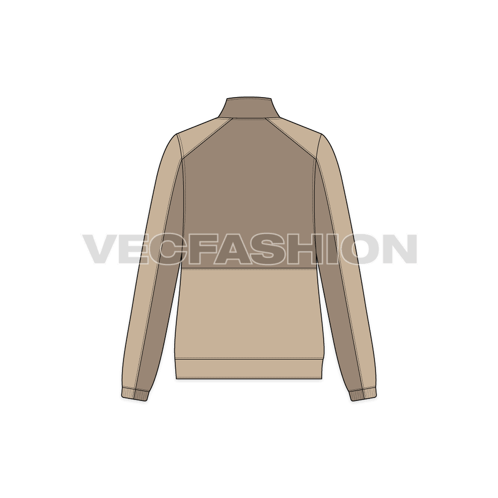 A vector illustrator template of Women's Vector Mock Neck Jacket. It has contrast half body on front and back. The sleeves have contrast panel with pockets detailing on side front.