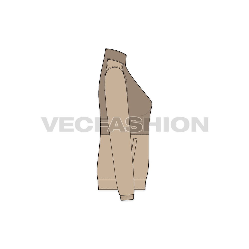 A vector illustrator template of Women's Vector Mock Neck Jacket. It has contrast half body on front and back. The sleeves have contrast panel with pockets detailing on side front.