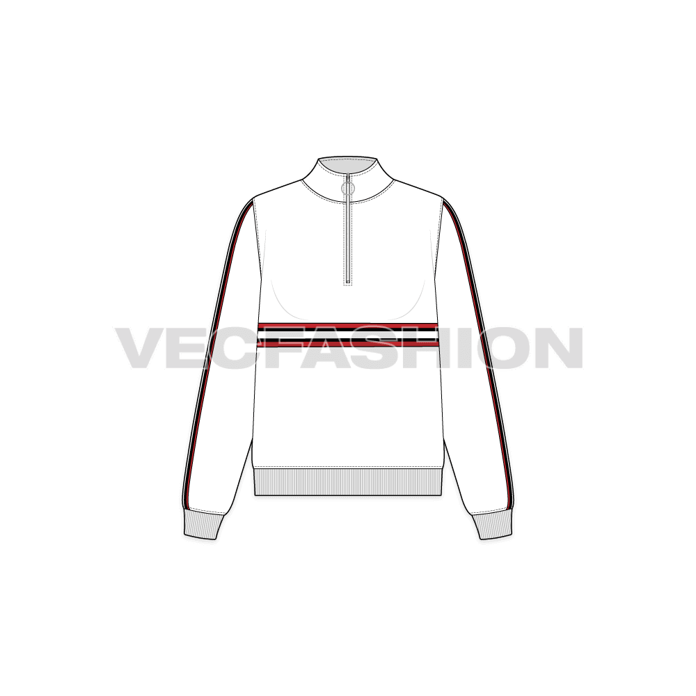 A vector template for Women's Sweat Jacket. It is a great design for a multi-purpose jacket in white color with contrast trims. The collar is soft and standing with small size zipper to make it a nice pullover. 